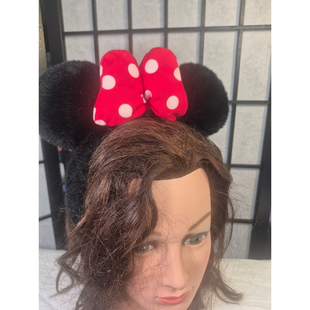 Disney Minnie Mouse Ears Headband Plush Black Fuzzy Red Polka Dot Bow Accessory